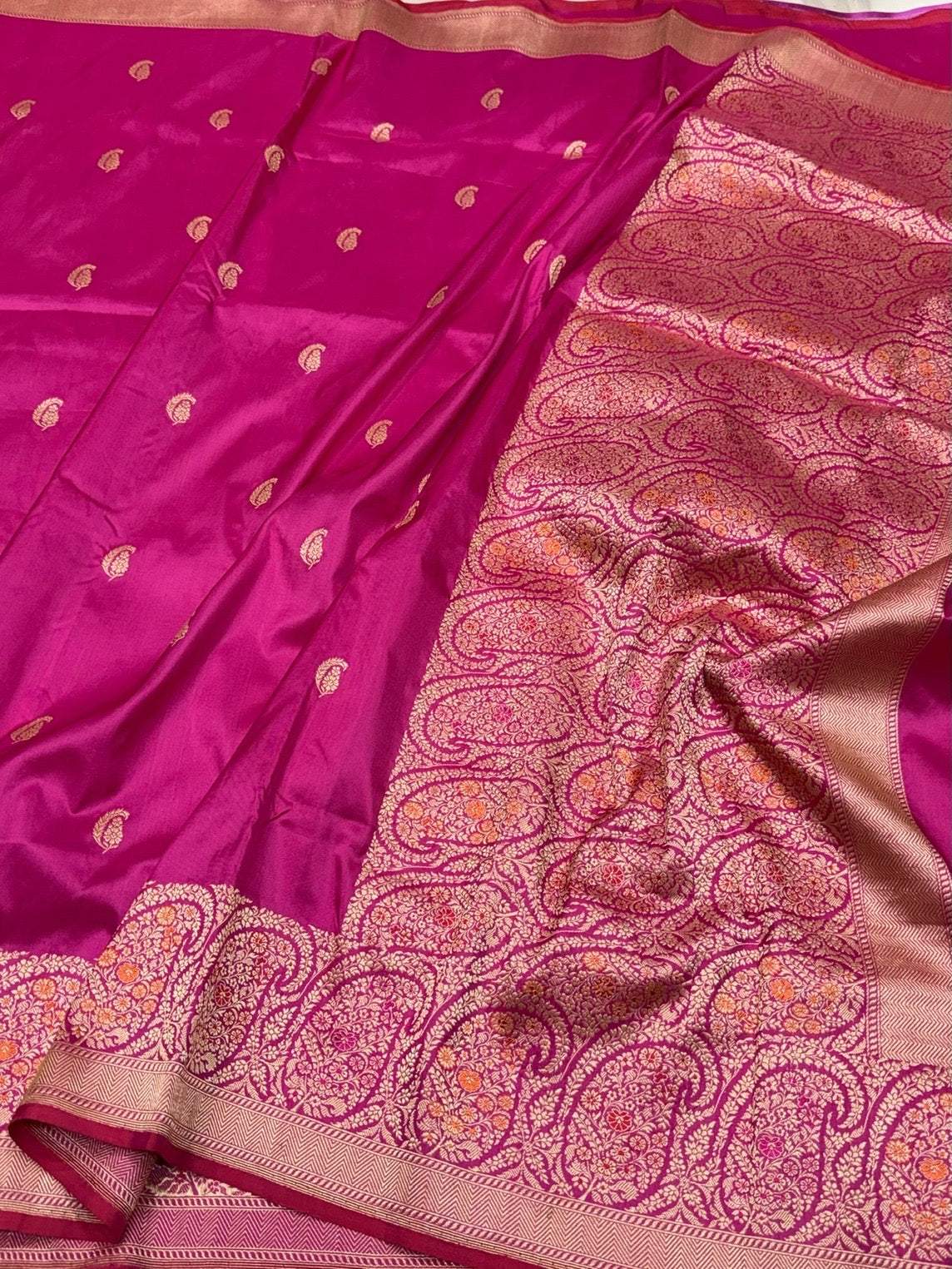 Rani Pink Handwoven Pure Banarasi Silk Saree in Kadwa Weave | Authentic Katan Mulberry Silk