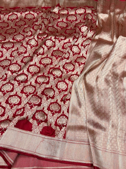 Red Handwoven Pure Banarasi Silk Saree – Pure Katan Silk | Kadwa Weave | Luxury Banarasi Heirloom