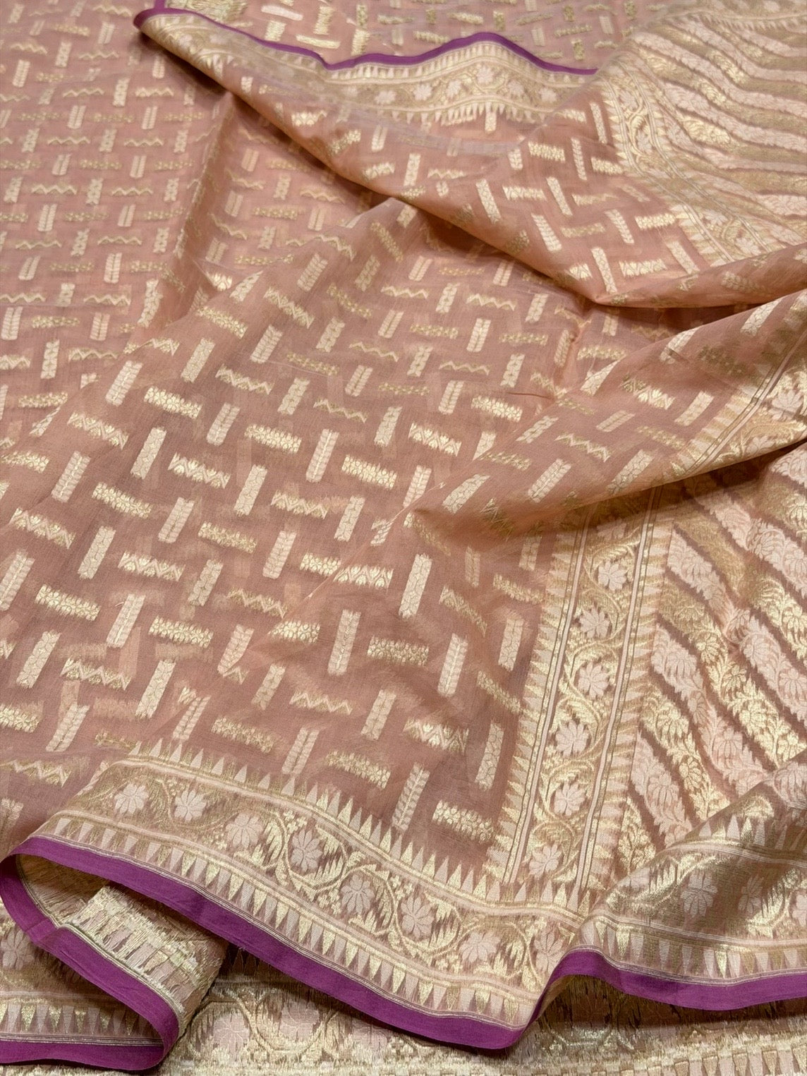 Peach Banarasi Pure Kora Cotton Saree