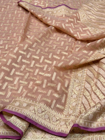 Peach Banarasi Pure Kora Cotton Saree