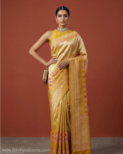 Yellow Handwoven Pure Banarasi Silk Saree in Kadwa Weave | Authentic Katan Mulberry Silk