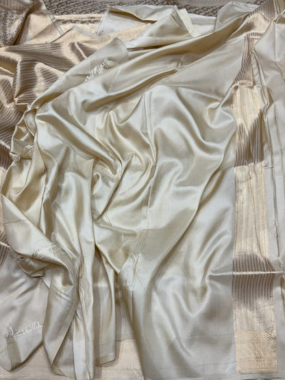 Ivory Banarasi Pure Silk Brocade Saree | 100% Pure Katan Silk