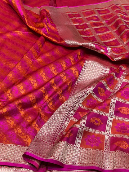 Rani Pink Handwoven Pure Banarasi Satin Silk Saree – Traditional Kadwa Weave in 100% Pure Satin Silk