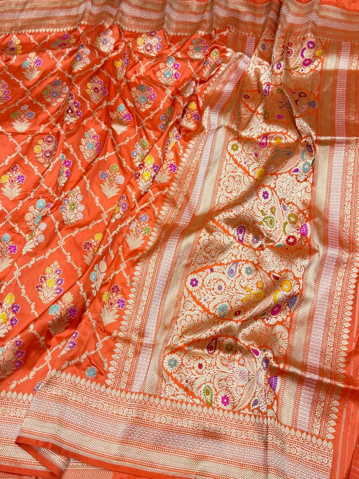 Orange Handwoven Pure Banarasi Silk Saree | Pure Katan Silk | Kadwa Weave | HMR Handlooms