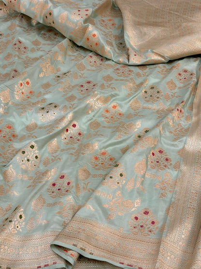 Pista Green Banarasi Minakari Pure Katan Silk Saree