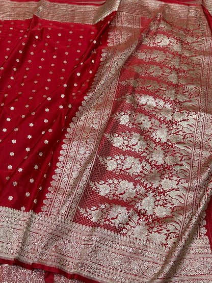 Red Handwoven Vintage Pure Banarasi Satin Silk Saree