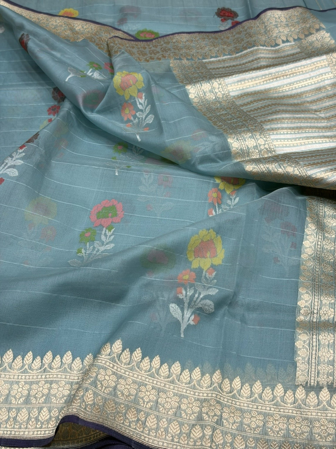Ocean Blue Handwoven Pure Organza Jamdani Saree