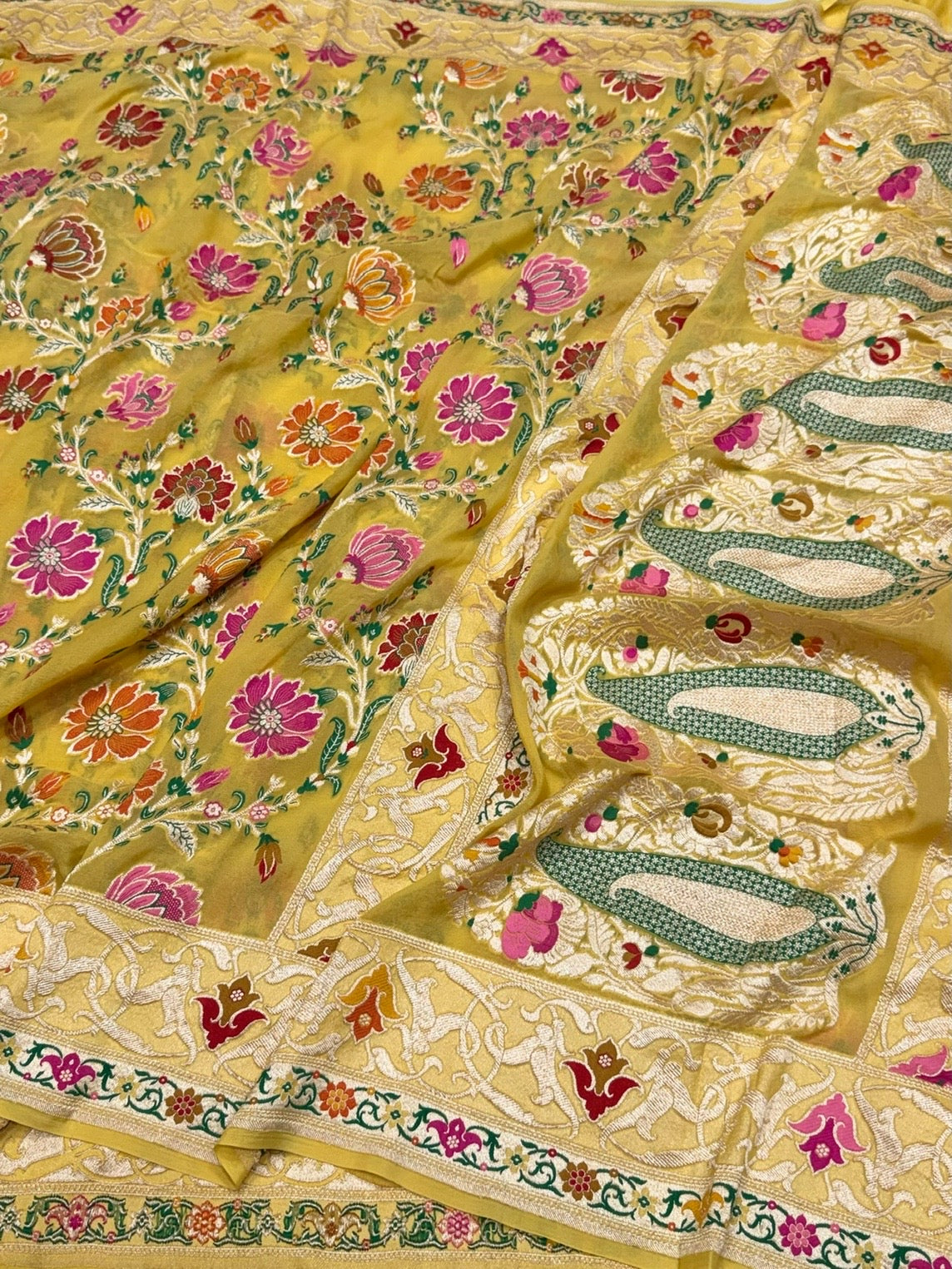 Yellow Pure Banarasi Minakari Chiffon Georgette Saree