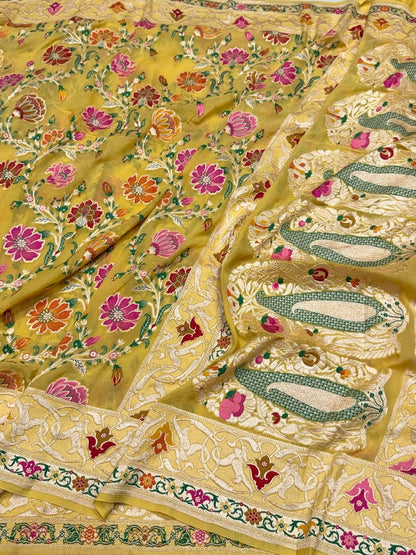 Yellow Pure Banarasi Minakari Chiffon Georgette Saree