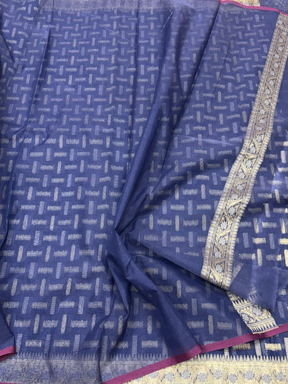 Bluish Grey Banarasi Pure Kora Cotton Saree