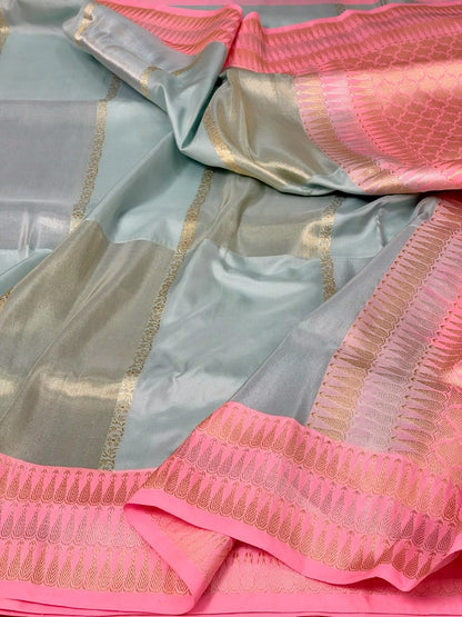 Powder Blue Handwoven Pure Banarasi Rangkaat Tissue Silk Saree