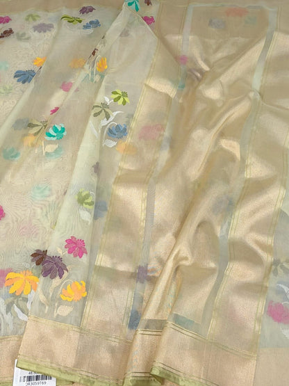 Pista Handwoven Pure Banarasi Kora Jamdani Silk Saree