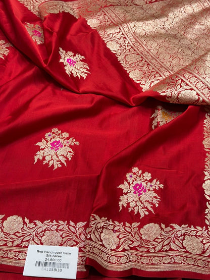Red Handwoven Vintage Pure Banarasi Satin Silk Saree
