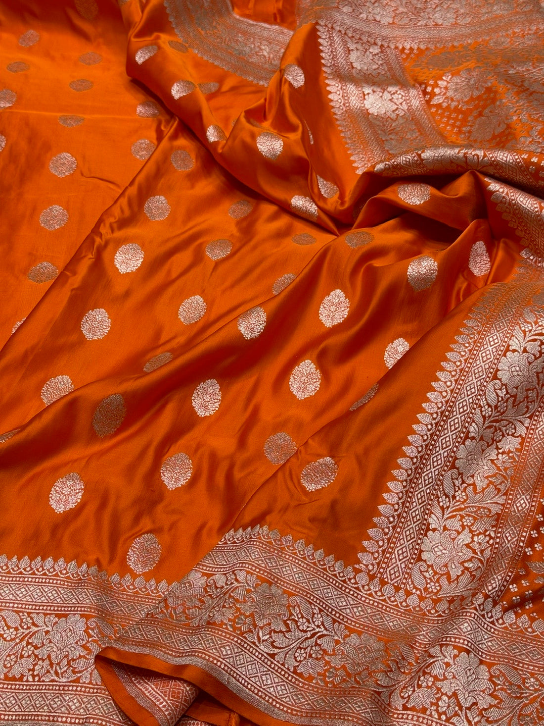 Orange Handwoven Vintage Pure Banarasi Satin Silk Saree