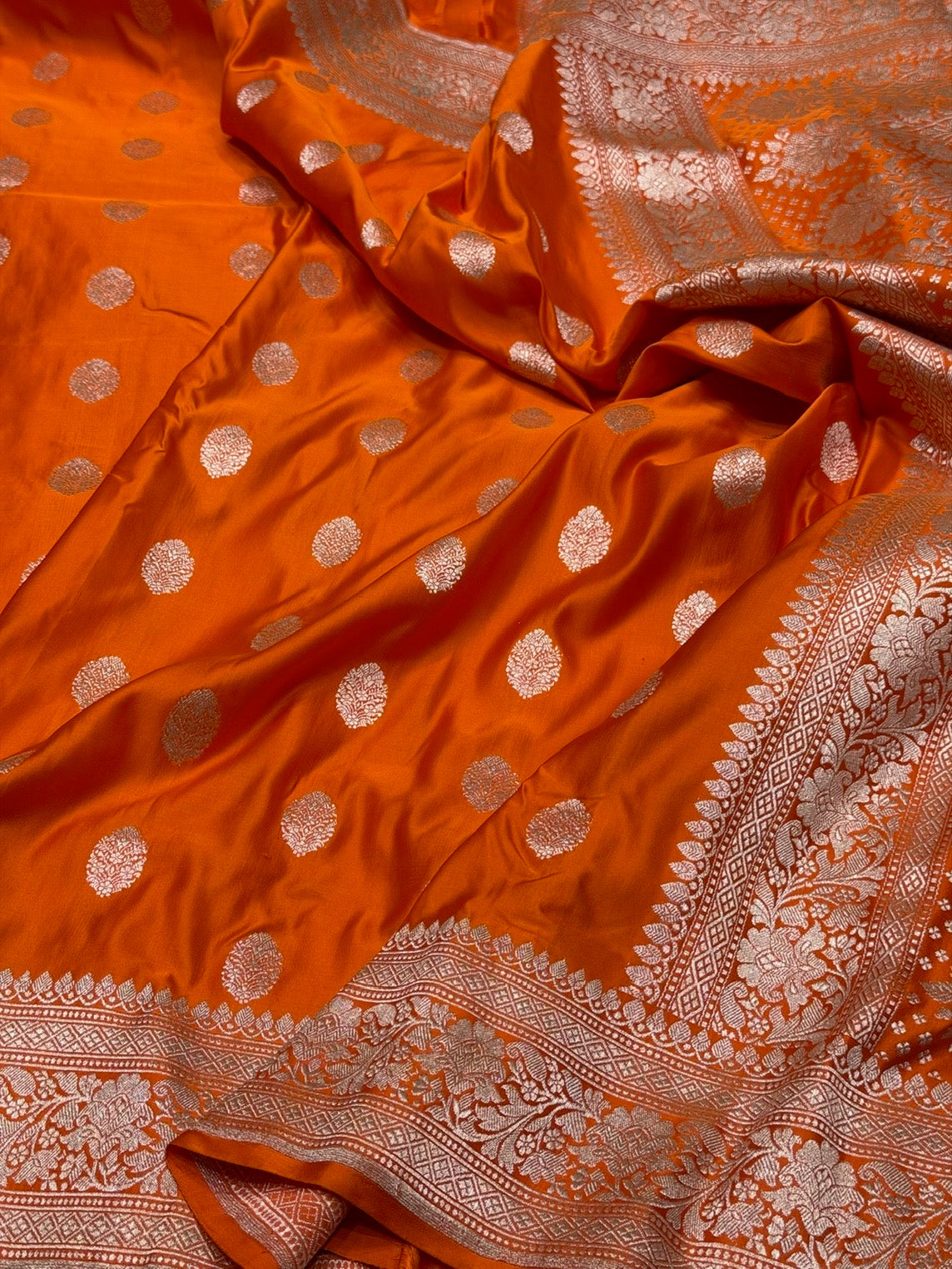 Orange Handwoven Vintage Pure Banarasi Satin Silk Saree
