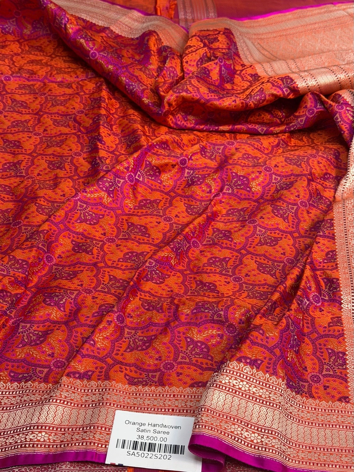 Orange Handwoven Pure Banarasi Satin Tanchoi Silk Saree