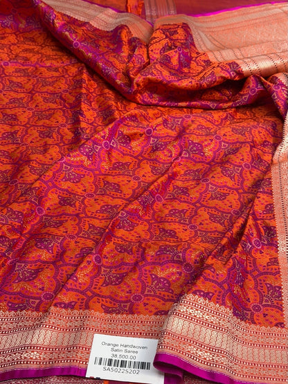 Orange Handwoven Pure Banarasi Satin Tanchoi Silk Saree