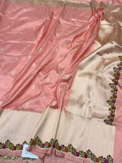 Peach Handwoven Pure Banarasi Silk Saree in Kadwa Weave – Katan Silk with Skirt Pattern Design
