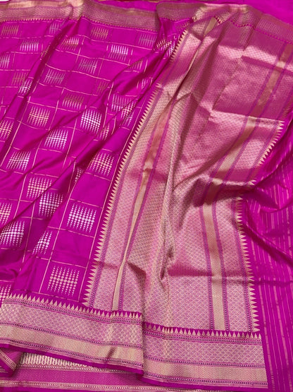 Rani Pink Handwoven Pure Banarasi Silk Saree – Kadwa Weave in 100% Katan Mulberry Silk