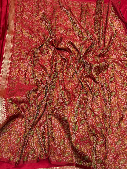 Red Jamawar Handwoven Pure Banarasi Satin Silk Saree