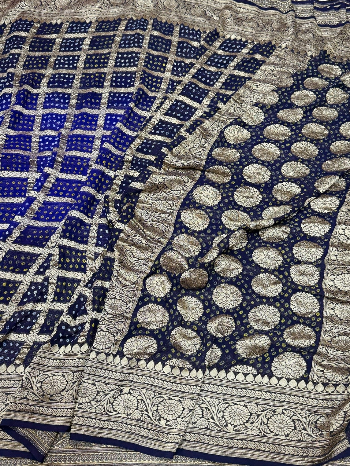 Navy Blue Banarasi Pure Bandhej Georgette Saree – Luxury Cutwork Brocade Festive Saree