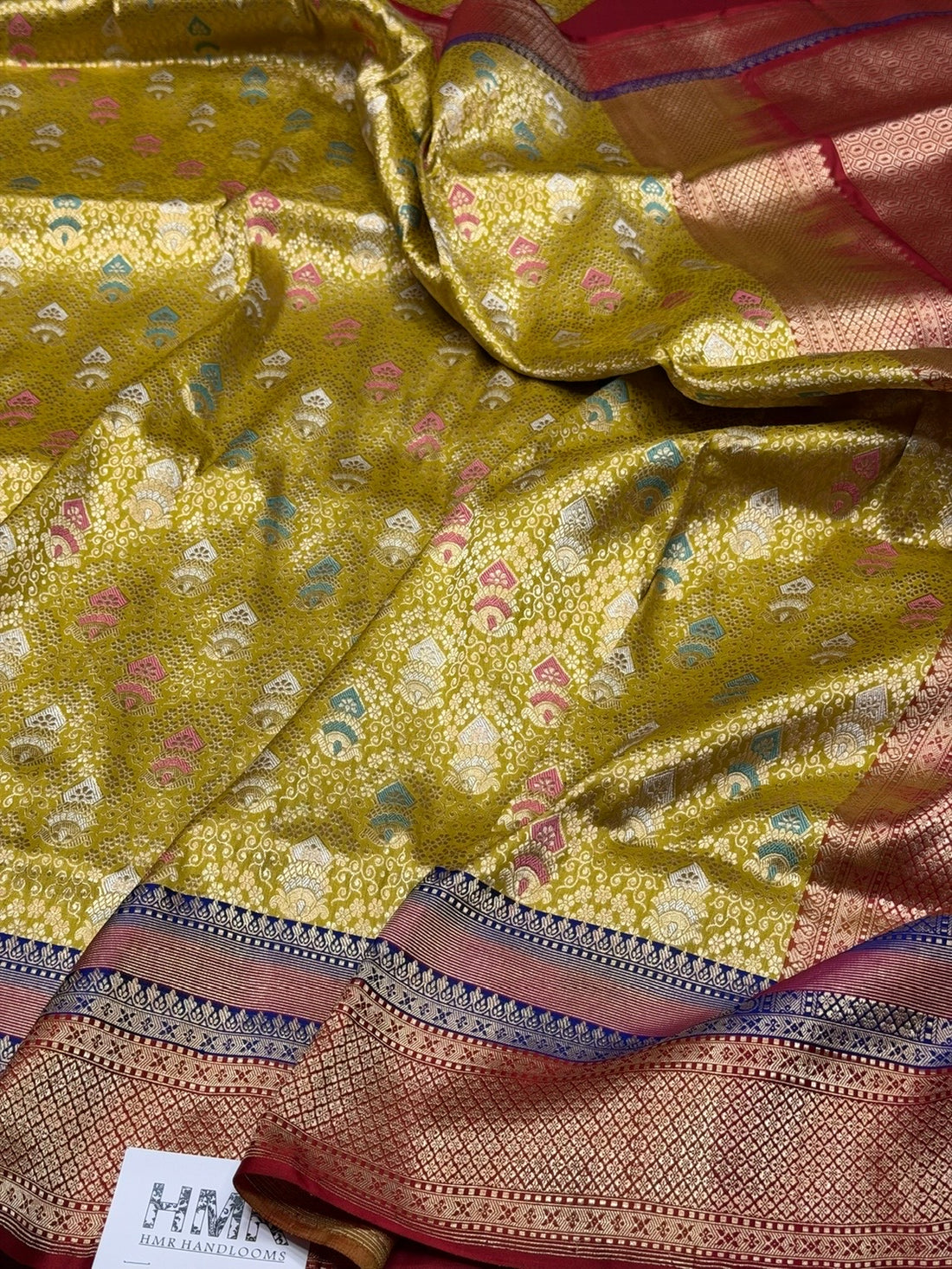 Yellow Handwoven Banarasi Pure Silk Brocade Saree with Red Satin Border – Luxurious Katan Silk