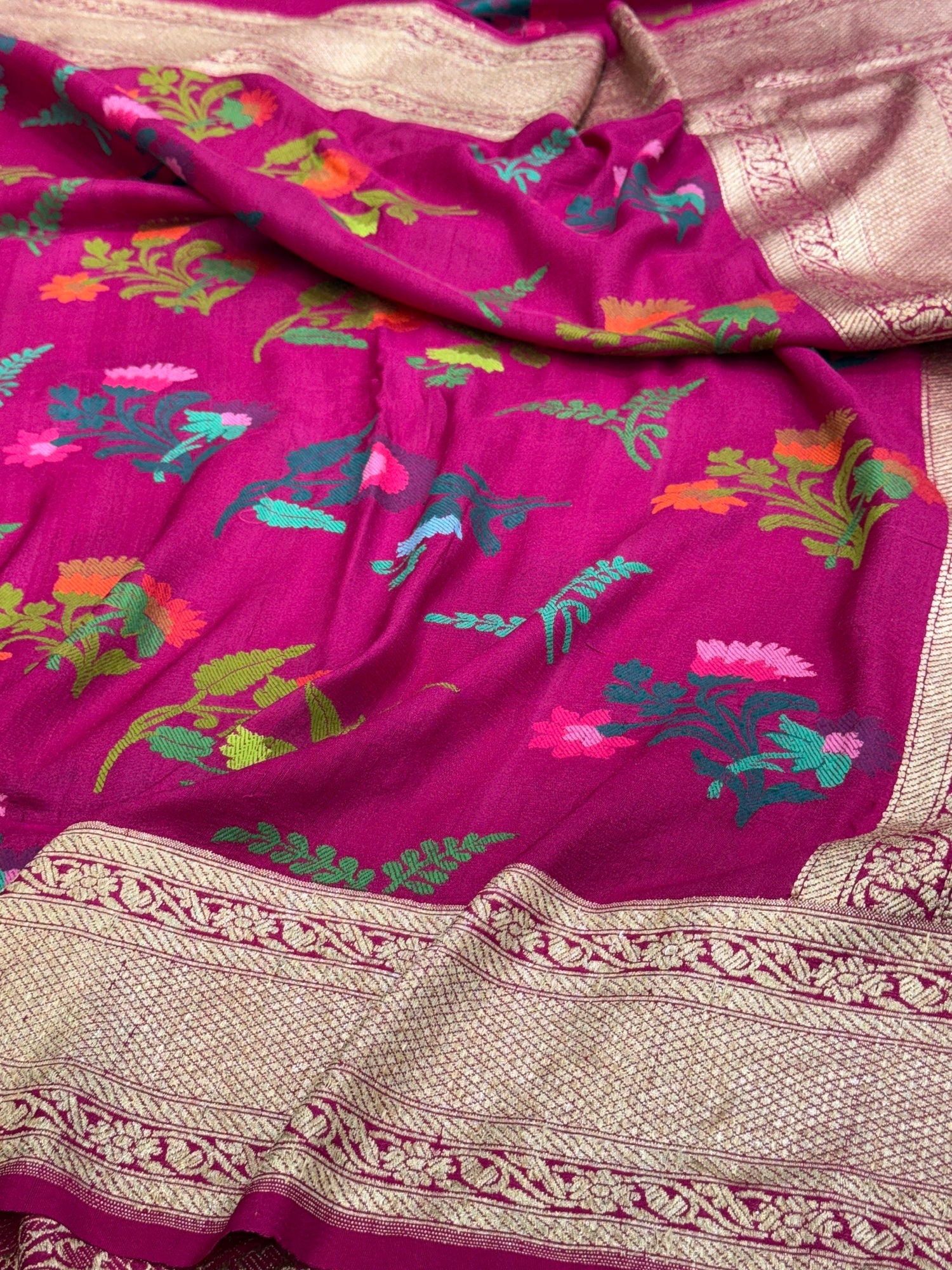 Magenta Pink Handwoven Pure Banarasi Tussar Georgette Saree