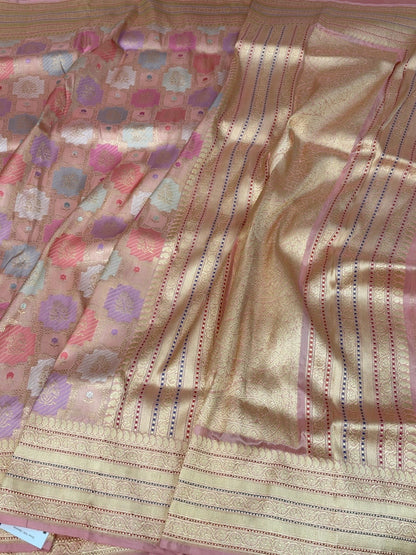 Peach Handwoven Pure Banarasi Rangkaat Silk Saree