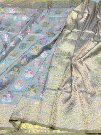 Powder Blue Handwoven Pure Banarasi Ektara Silk Saree – Luxury Kadwa Weave