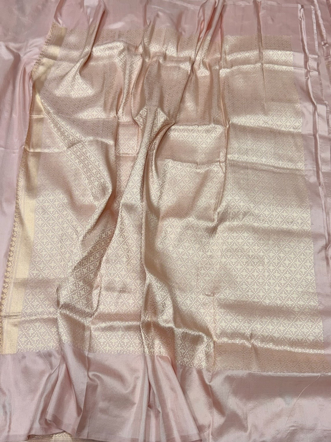 Powder Pink Handwoven Pure Banarasi Silk Saree in Kadwa Weave – Katan Silk with Skirt Pattern Design