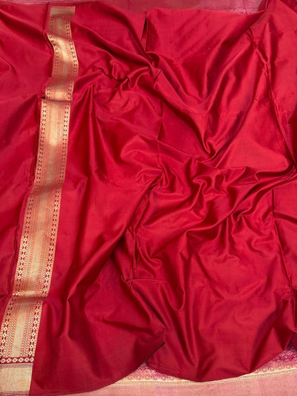 Red Handwoven Pure Banarasi Satin Tanchoi Silk Saree