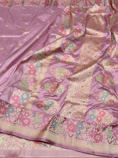 Lilac Handwoven Pure Banarasi Katan Silk Saree with Intricate Skirt Design &amp; Kadiyal Border – Kadwa Weave