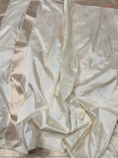 Ivory Banarasi Pure Rangkaat Silk Saree – Cutwork Weave in 100% Pure Katan Silk