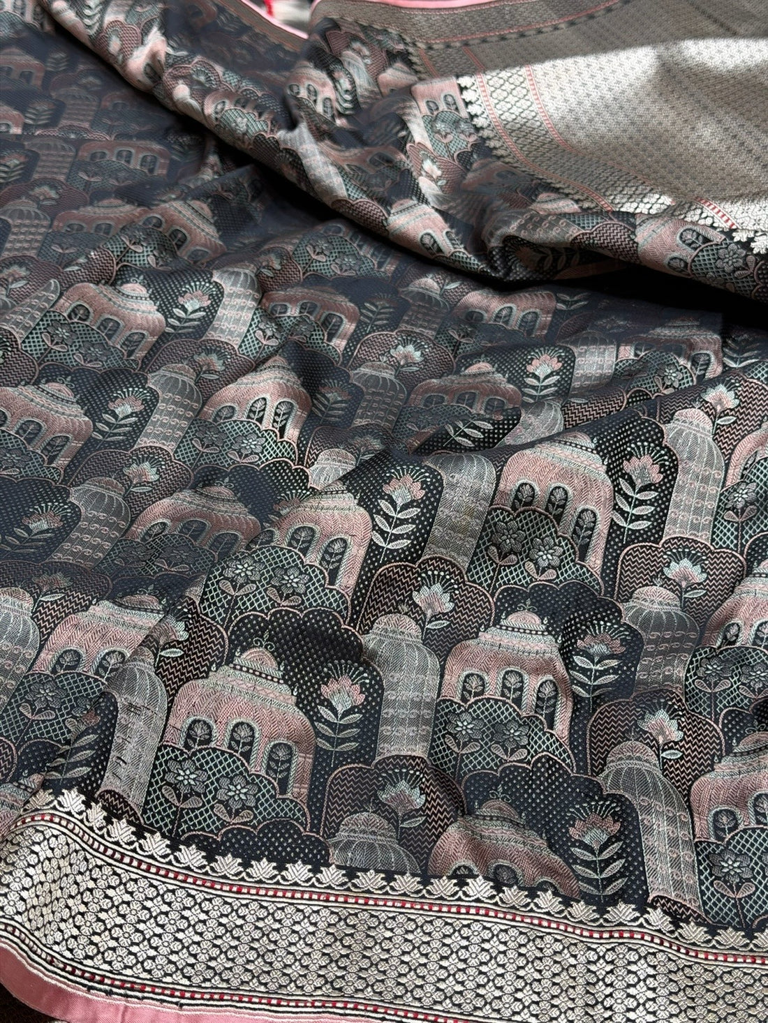 Black Handwoven Pure Banarasi Satin Silk Saree – Traditional Kadwa Weave in 100% Pure Satin Silk