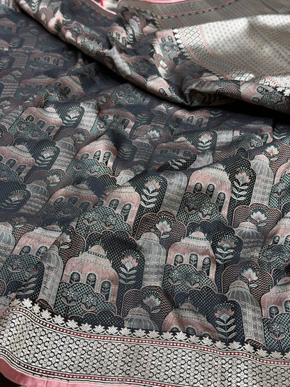 Black Handwoven Pure Banarasi Satin Silk Saree – Traditional Kadwa Weave in 100% Pure Satin Silk