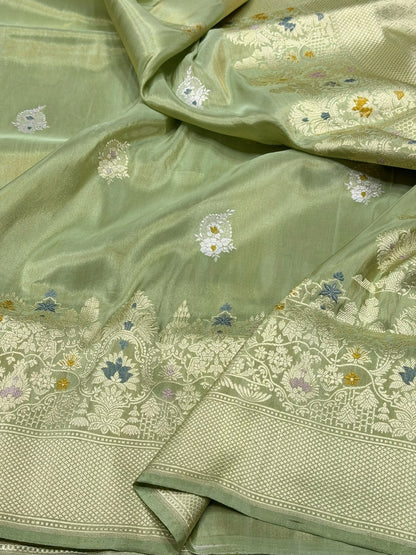 Pista Green Handwoven Pure Banarasi Tissue Saree