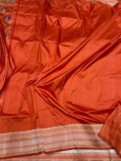 Orange Handwoven Pure Banarasi Silk Saree | Pure Katan Silk | Kadwa Weave | HMR Handlooms