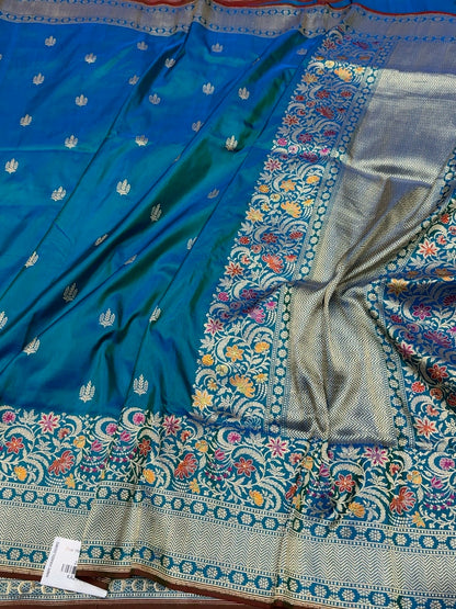 Peacock Blue Handwoven Pure Banarasi Katan Silk Saree