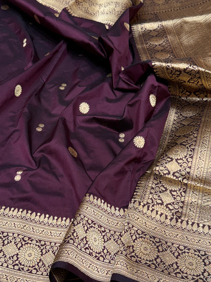 Wine Handwoven Vintage Pure Banarasi Silk Saree