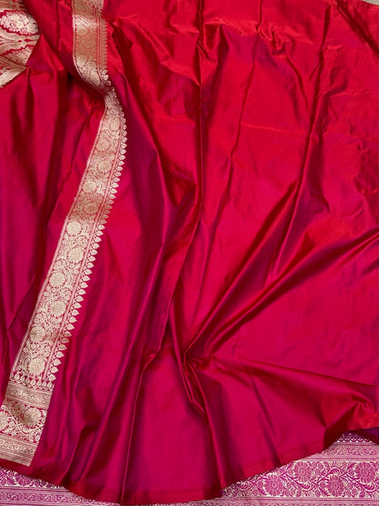Ruby Red Handwoven Maharani Pallu Banarasi Satin Silk Saree