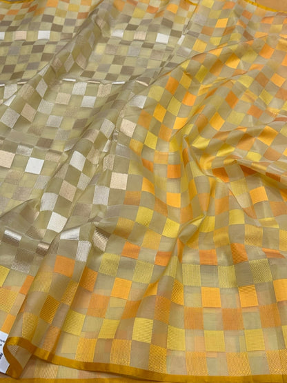Yellow Handwoven Pure Organza Silk Saree