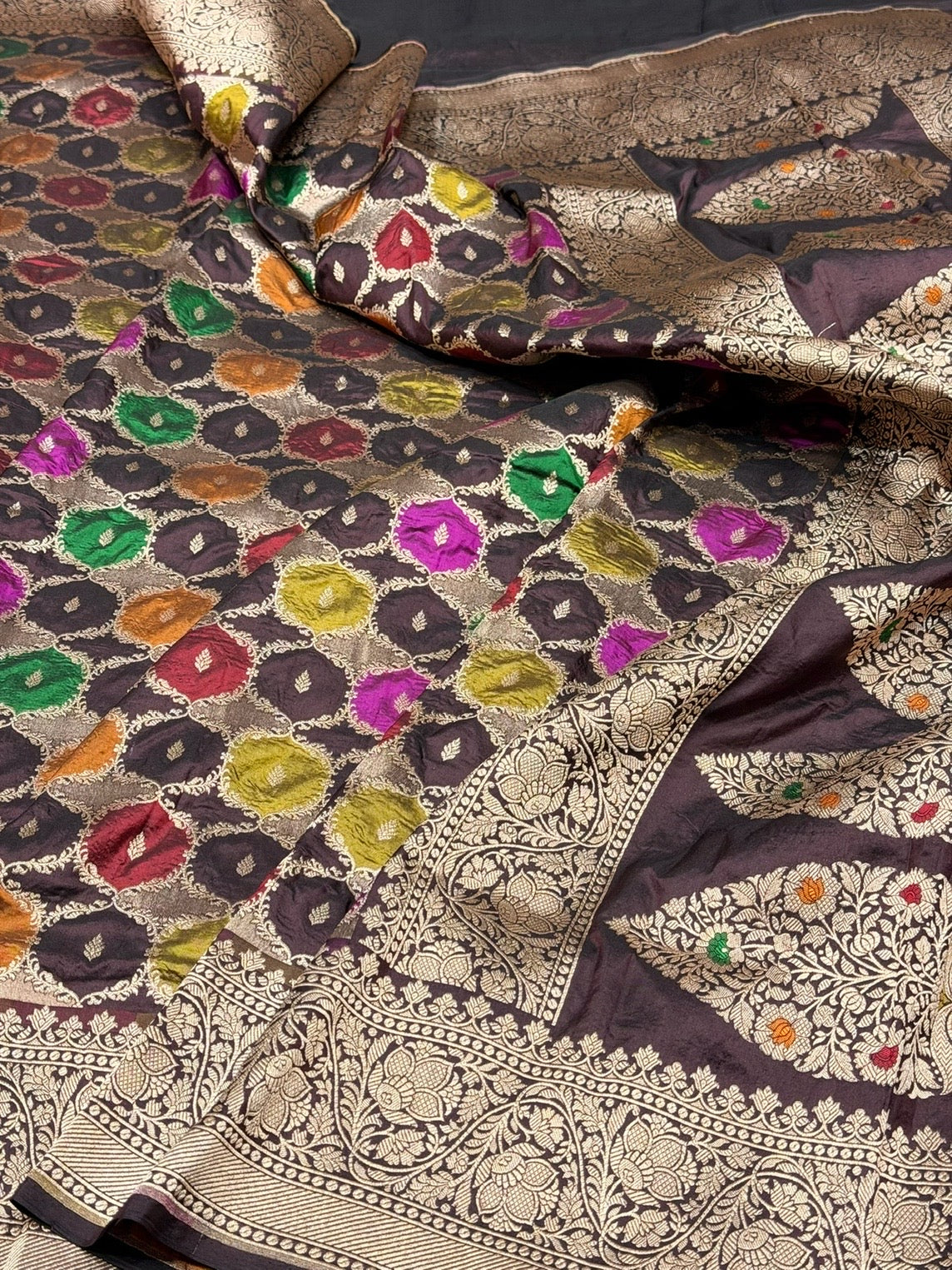 Multicolour Banarasi Pure Silk Saree – Cutwork Weave in 100% Pure Katan Silk