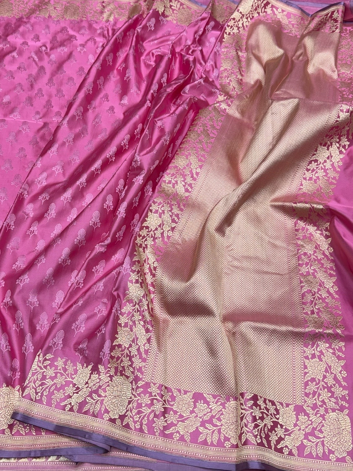Baby Pink Handwoven Pure Banarasi Satin Tanchoi Silk Saree – 100% Pure Satin Silk, Kadwa Weave