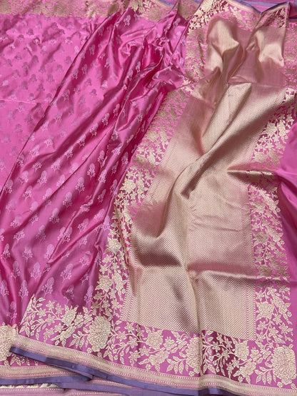 Baby Pink Handwoven Pure Banarasi Satin Tanchoi Silk Saree – 100% Pure Satin Silk, Kadwa Weave