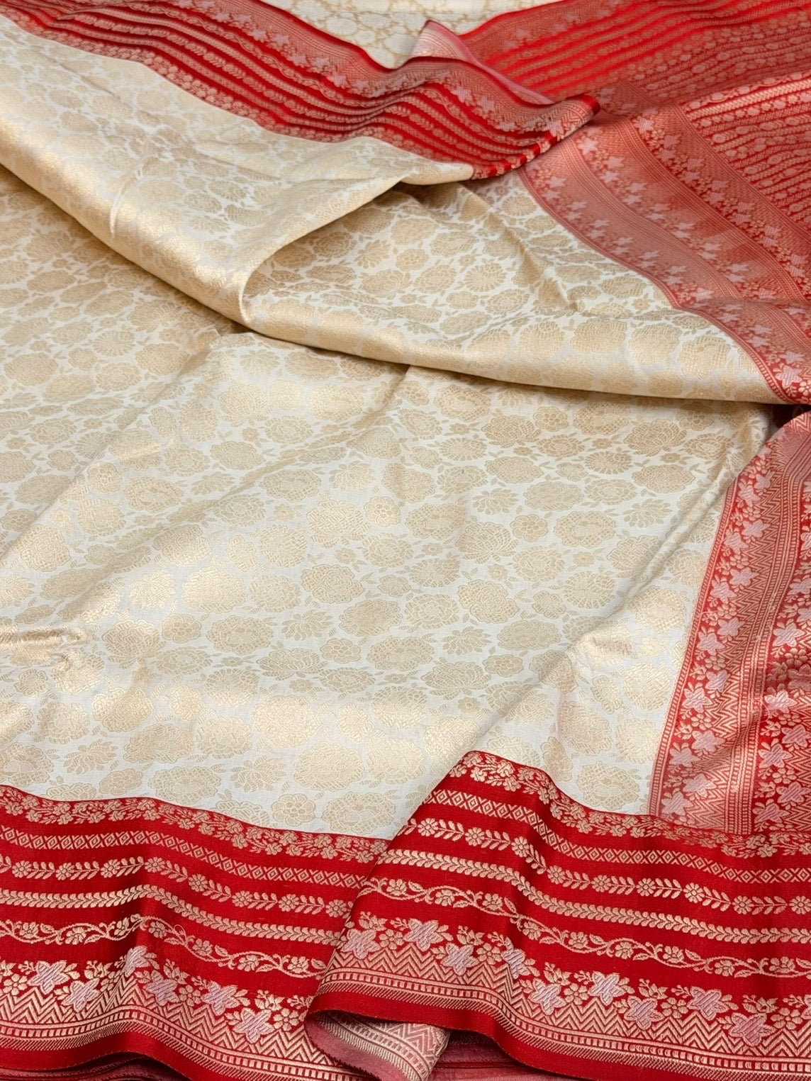 Ivory Banarasi Pure Katan Silk Satin Border Saree