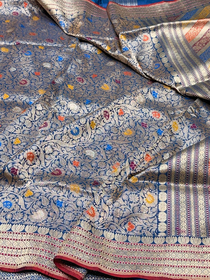 German Blue Handwoven Pure Banarasi Silk Brocade Saree