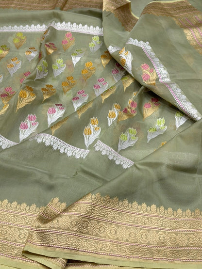 Pista Handwoven Pure Organza Silk Saree