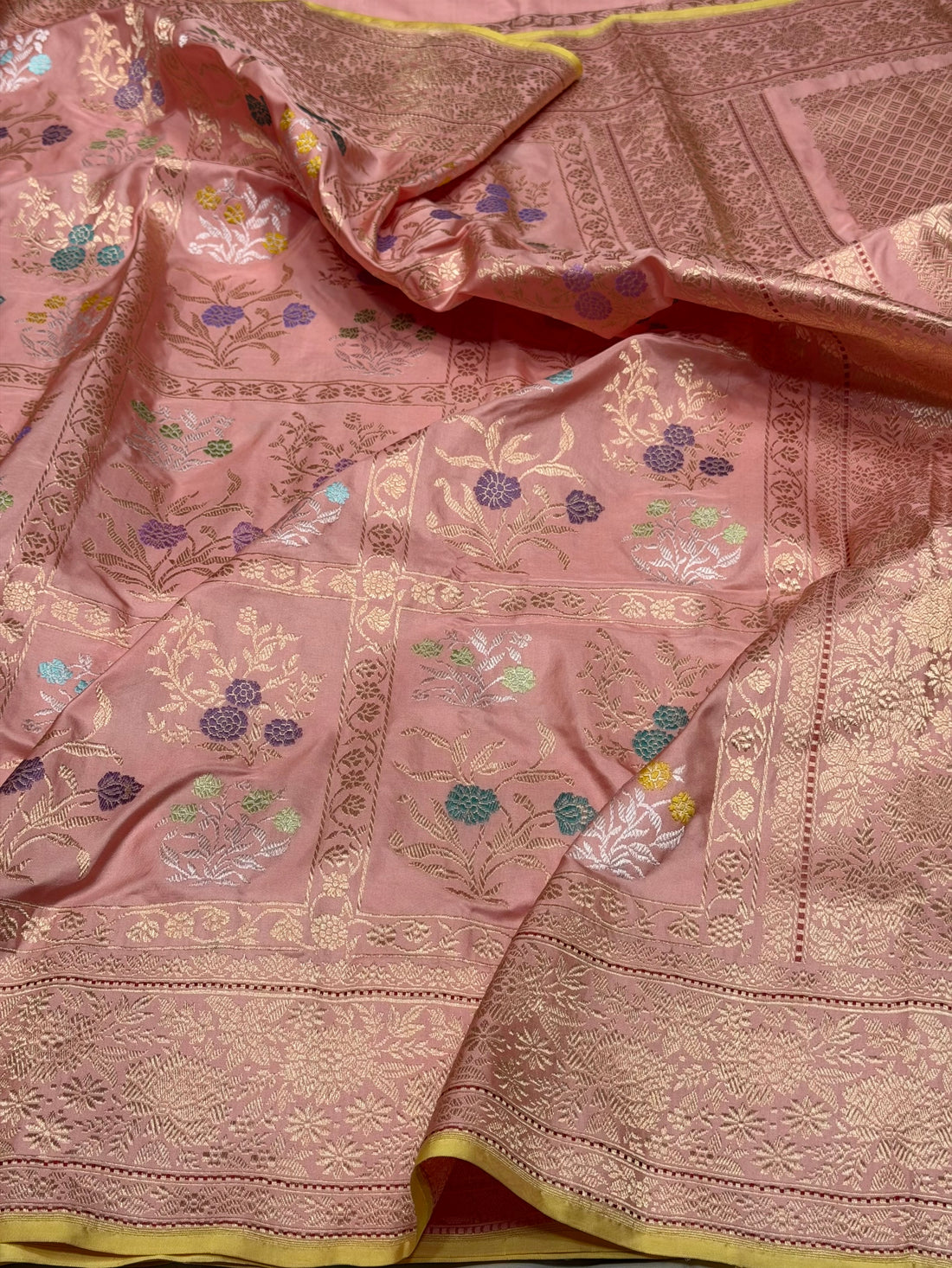 Peach Handwoven Pure Banarasi Silk Saree – Kadwa Weave | Authentic Katan Mulberry Silk