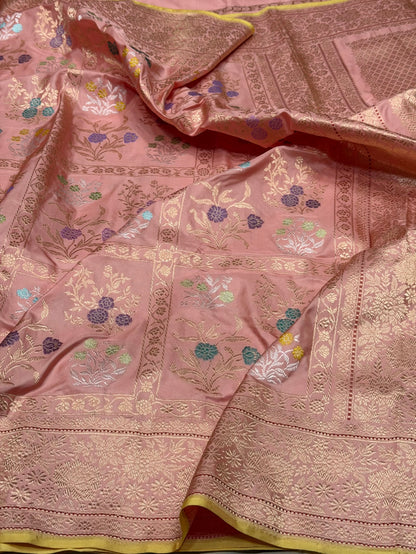 Peach Handwoven Pure Banarasi Silk Saree – Kadwa Weave | Authentic Katan Mulberry Silk