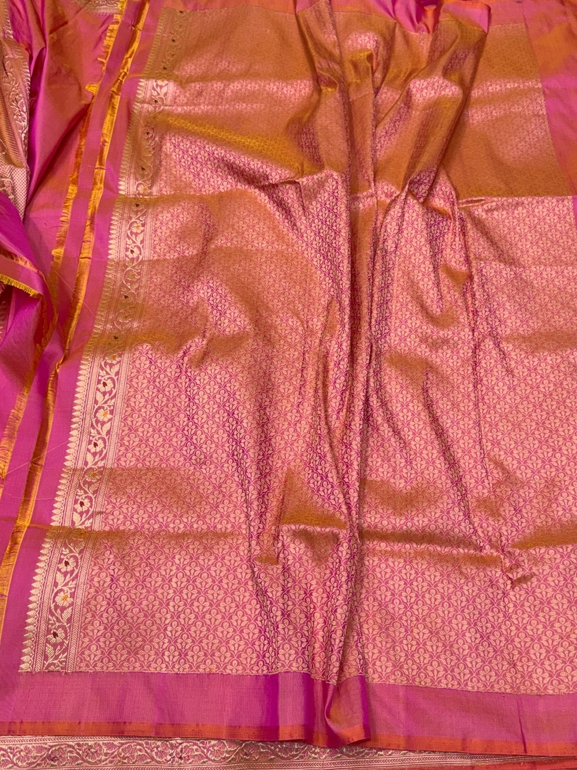 Orangish Pink Handwoven Pure Banarasi Katan Silk Saree | Kadwa Weave | Intricate Skirt Design | Kadiyal Border | Pure Silk Handloom Saree